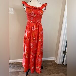Sunday Up floral smocked maxi sundress orangish red ruffles SZ M